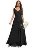 Chiffon Bridesmaid Dresses for Women Ruffles V Neck Flowy Long Formal Evening Dress with Bow