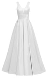 Glitter Satin Prom Dresses for Women Long V Neck A-Line Pleated Formal Evening Party Gowns with Pockets