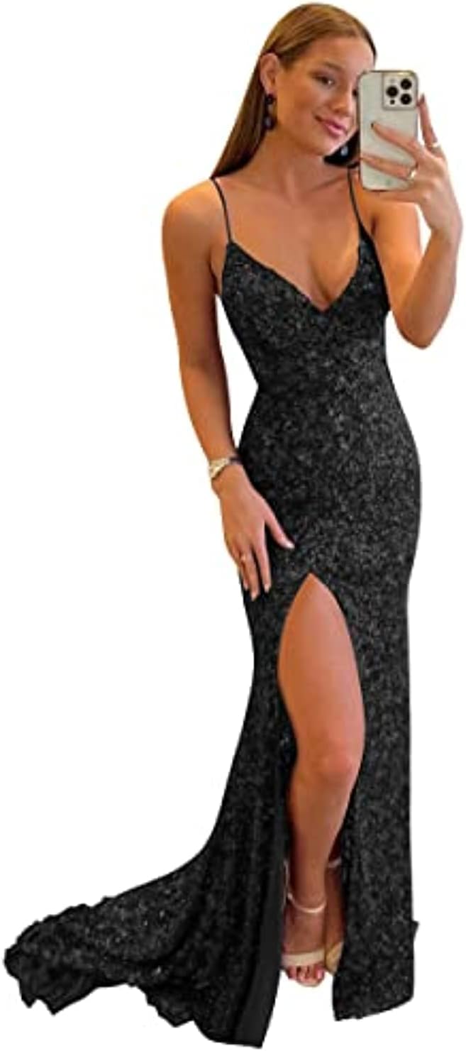 Women's Spaghetti Straps Sequin Prom Dresses Mermaid Sleeveless Double V-Neck Sparkle Evening Dress with Slit