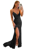 Women's Spaghetti Straps Sequin Prom Dresses Mermaid Sleeveless Double V-Neck Sparkle Evening Dress with Slit