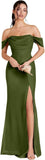 Kingbridal Gowns Off Shoulder Chiffon Bridesmaid Dresses for Women 2026 Long Ruched Cowl Neck Formal Evening Party Dress with Slit