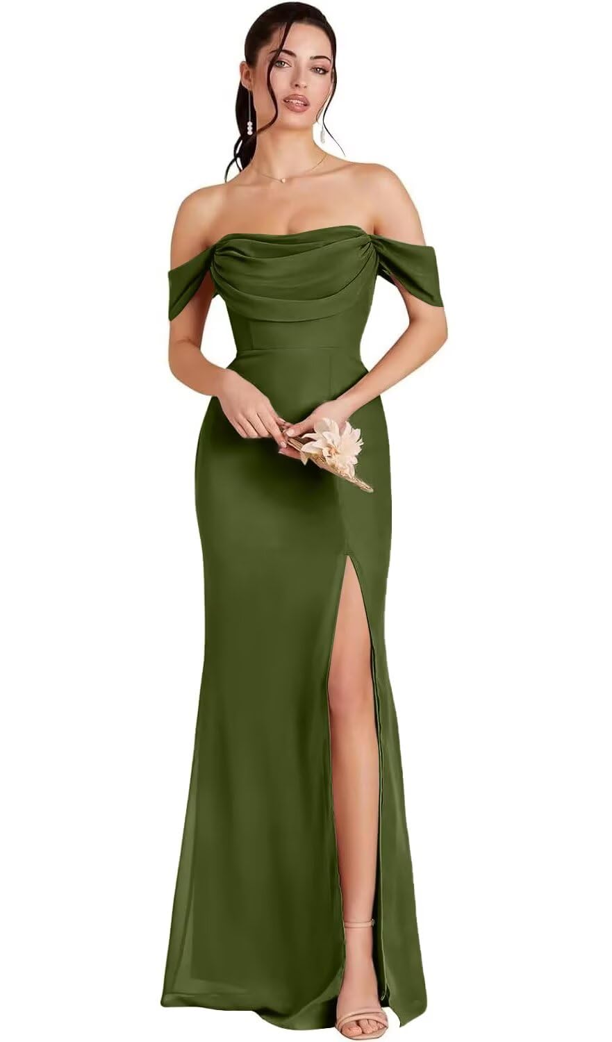 Kingbridal Gowns Off Shoulder Chiffon Bridesmaid Dresses for Women 2026 Long Ruched Cowl Neck Formal Evening Party Dress with Slit