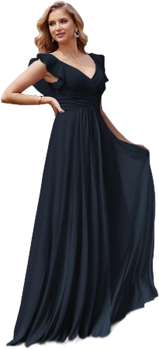 Women's V Neck Ruffle Chiffon Bridesmaid Dresses Long with Pockets Ruched Formal Dresses