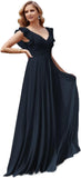 Women's V Neck Ruffle Chiffon Bridesmaid Dresses Long with Pockets Ruched Formal Dresses