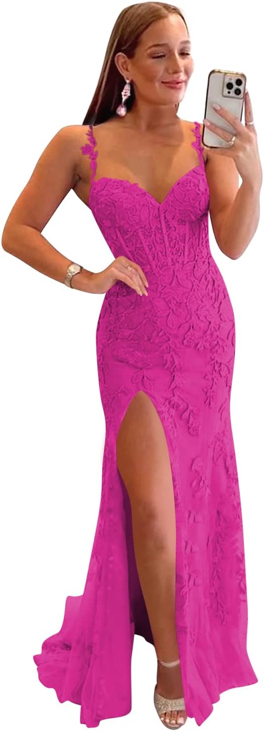 Women's Lace Mermaid Prom Dresses Long with Slit Mermaid Spaghetti Straps Backless Formal Evening Gowns