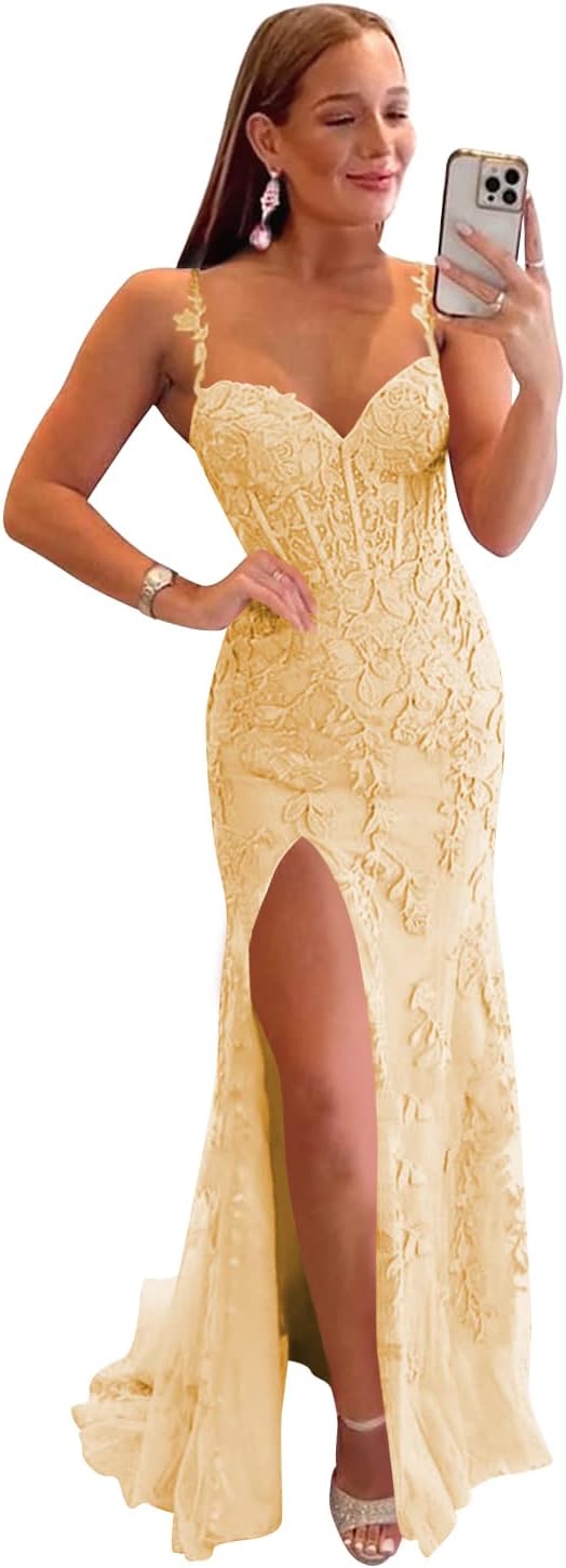 Women's Lace Mermaid Prom Dresses Long with Slit Mermaid Spaghetti Straps Backless Formal Evening Gowns