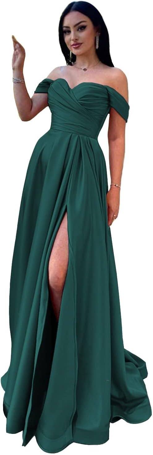 Schulterfreies Satin-Ballkleid, herzförmiger Ausschnitt, formelles Kleid, A-Linie, Abendkleid mit Schlitz 