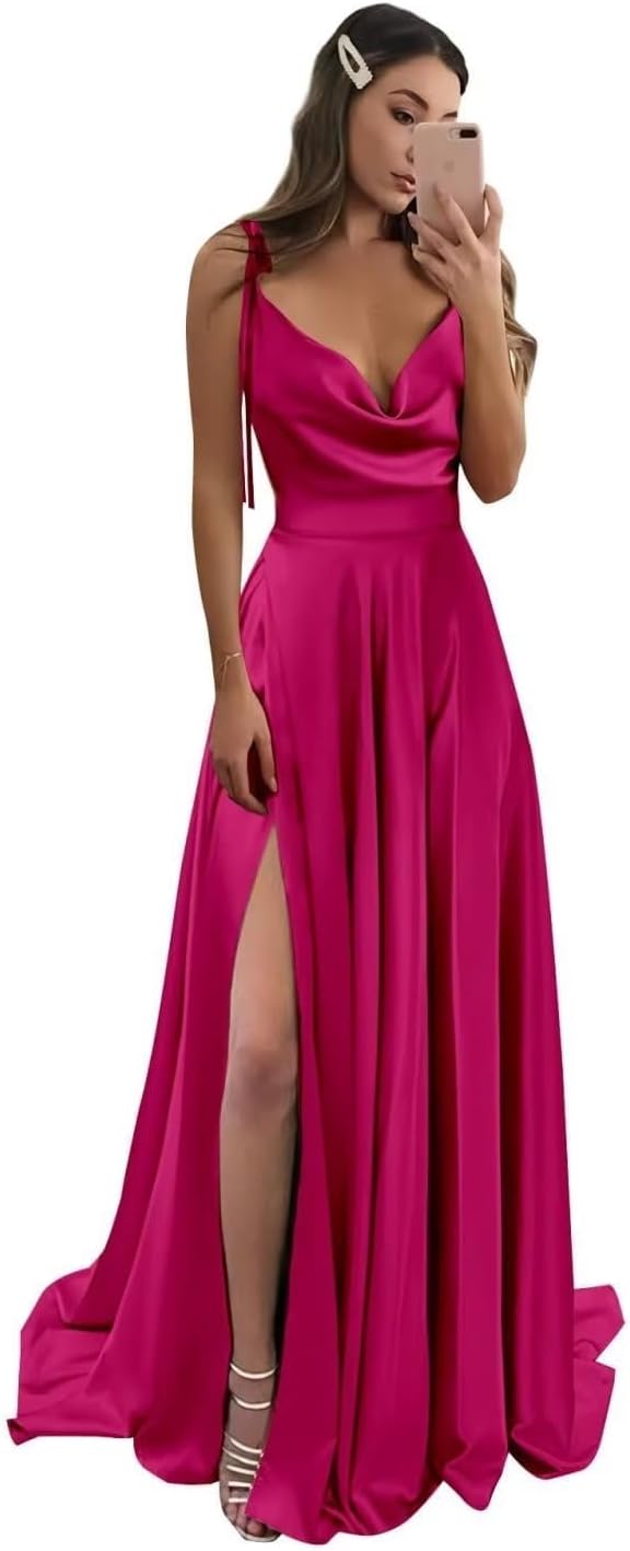 Vestidos de fiesta largos de satén con abertura alta para mujer, 2024, tirantes finos ajustables, vestidos de fiesta formales con bolsillos 