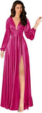 Kingbridal Gowns Long Sleeve Satin Bridesmaid Dresses for Women Long A-Line V-Neck Pleated Formal Evening Party Ball Gown with Slit
