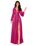 Kingbridal Gowns Long Sleeve Satin Bridesmaid Dresses for Women Long A-Line V-Neck Pleated Formal Evening Party Ball Gown with Slit