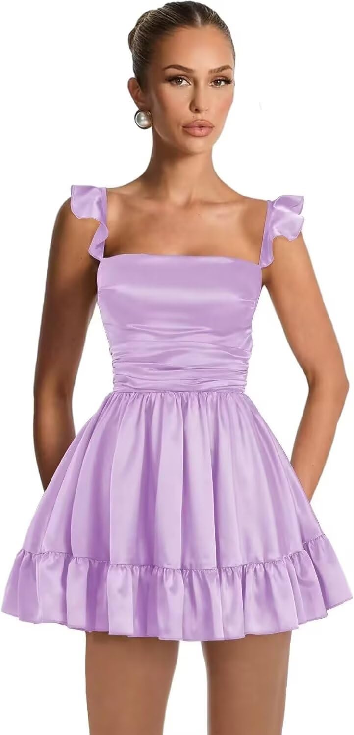 Satin Homecoming Dresses for Teens 2027 A-line Ruched Square Neck Short Prom Formal Cocktail Gowns with Pockets
