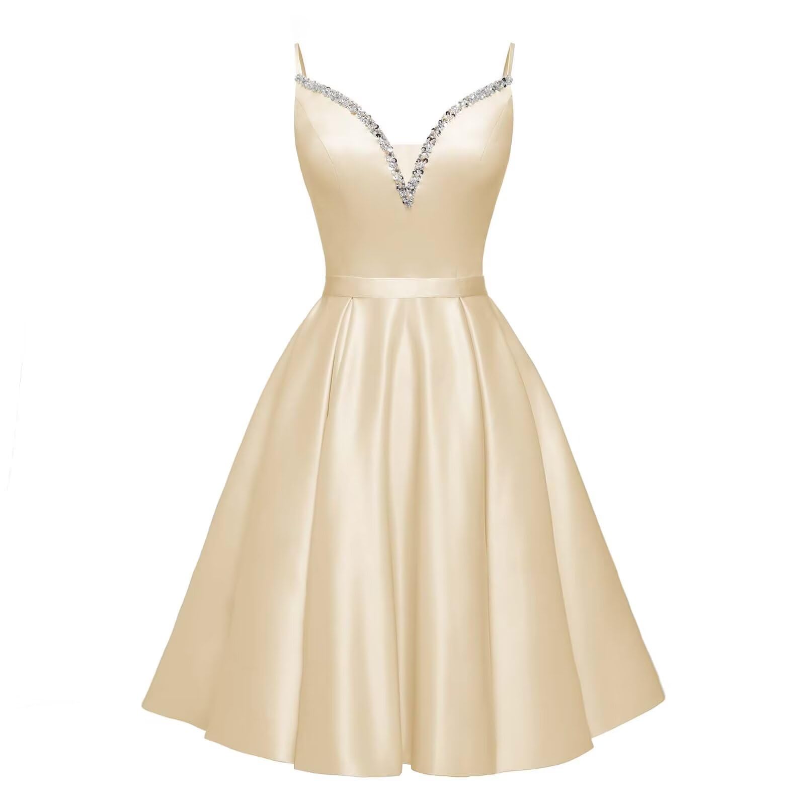 Spaghetti Straps Satin Homecoming Dresses for Teens V-Neck Short Prom Dress A-Line Beaded Cocktail Party Gowns
