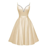 Spaghetti Straps Satin Homecoming Dresses for Teens V-Neck Short Prom Dress A-Line Beaded Cocktail Party Gowns
