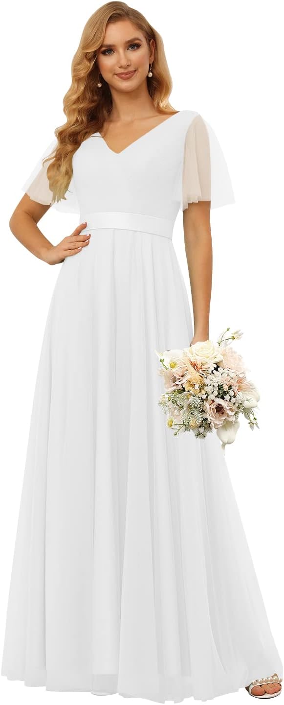 Damen Brautjungfernkleider mit Flatterärmeln, Tüll, lang, V-Ausschnitt, Empire-Taille, formelles Kleid 
