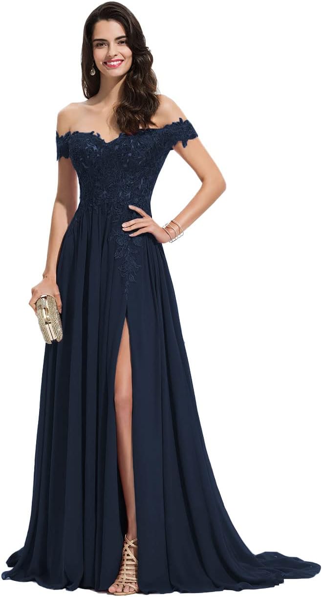 Women's Off The Shoulder Long Prom Dresses with Slit Lace Appliqued Chiffon Formal Party Gowns