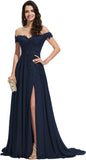 Women's Off The Shoulder Long Prom Dresses with Slit Lace Appliqued Chiffon Formal Party Gowns