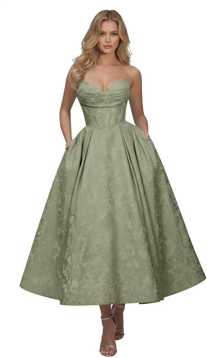 Strapless Floral Satin Prom Dresses for Women 2026 Jacquard Aline Formal Evening Party Dress with Pockets