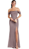 Kingbridal Gowns Off Shoulder Chiffon Bridesmaid Dresses for Women 2026 Long Ruched Cowl Neck Formal Evening Party Dress with Slit
