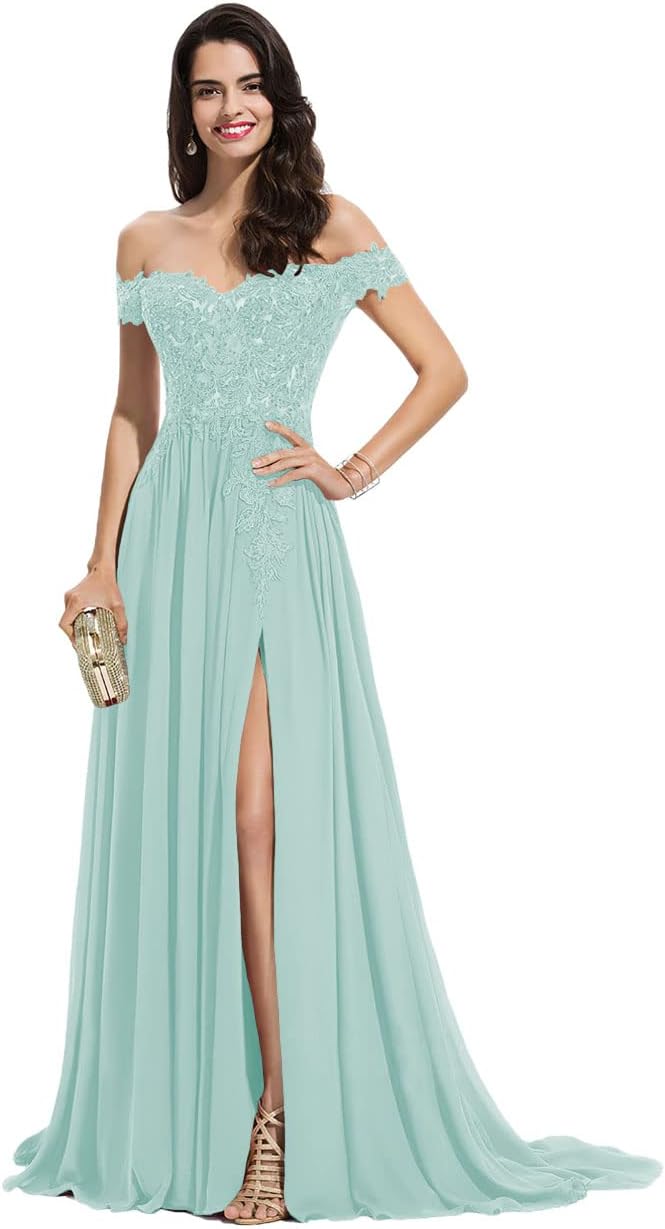 Women's Off The Shoulder Long Prom Dresses with Slit Lace Appliqued Chiffon Formal Party Gowns