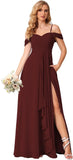 Damen Schulterfreies Brautjungfernkleid Lang mit Schlitz Chiffon Rüschen Falten Formales Partykleid 