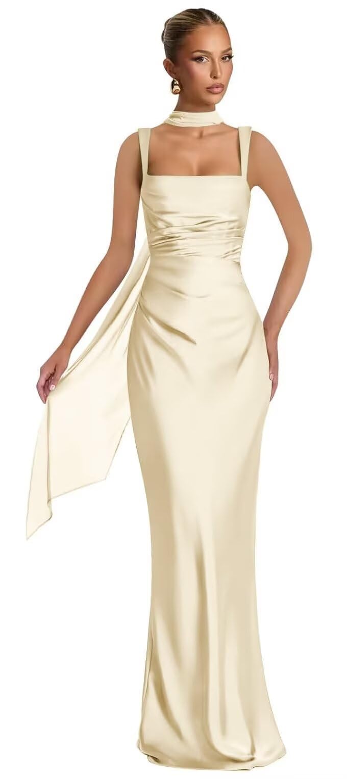 Mermaid Bridesmaid Dresses with Scarf 2027 Long Satin Spaghetti Straps Ruched Formal Evening Party Dress for Women