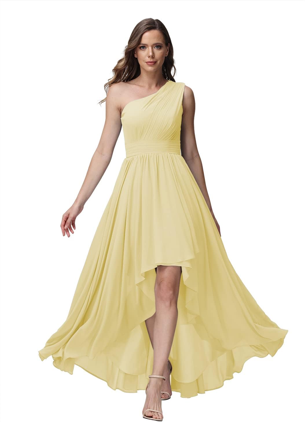 Vestido de dama de honor de un solo hombro para mujer, vestido formal de noche de gasa con bolsillos y corte alto bajo