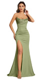 Mermaid Satin Prom Dresses for Women Strapless Sequin Formal Dress 2027 Pleated Evening Party Gowns with Slit