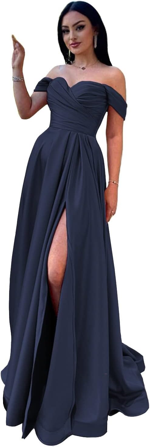 Schulterfreies Satin-Ballkleid, herzförmiger Ausschnitt, formelles Kleid, A-Linie, Abendkleid mit Schlitz 