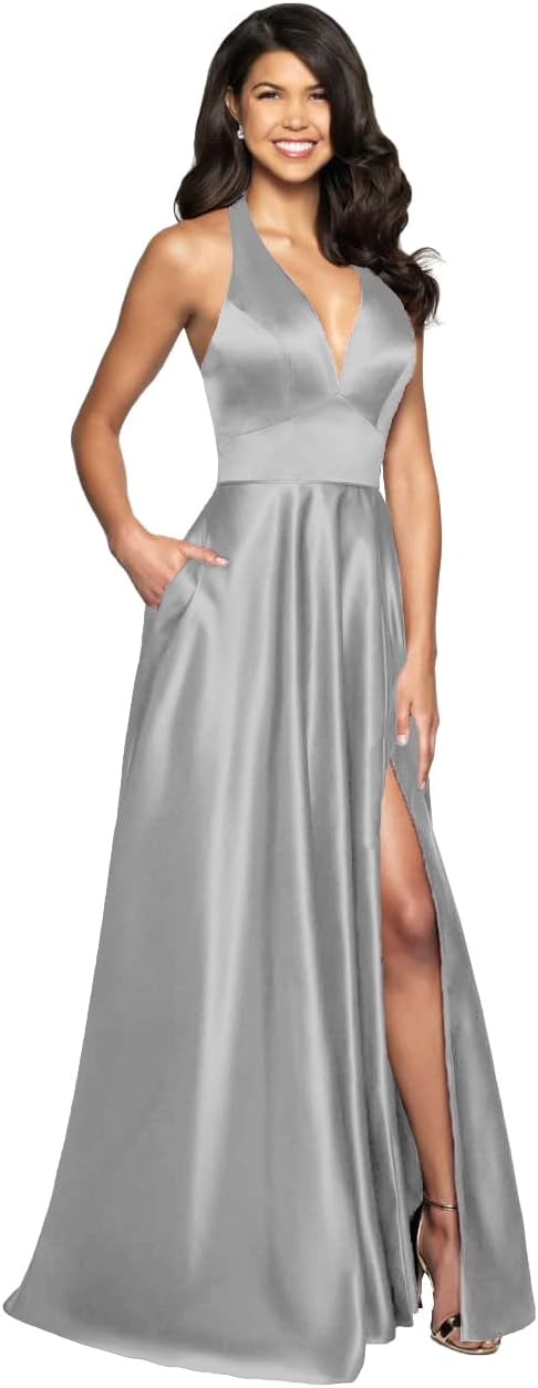 Womens Satin Prom Dresses Long with Slit Halter Evening Formal Gowns for Women with Pockets