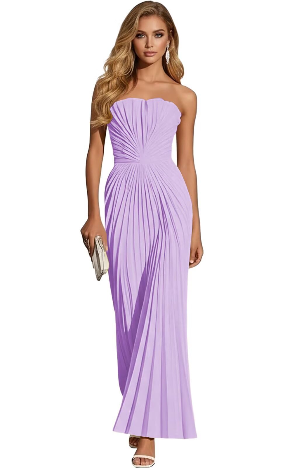 Women's Strapless Pleated Bridesmaid Dress Elegant Sweetheart Neck Formal Prom Gown for Wedding Guest