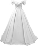 Off Shoulder Satin Prom Dresses for Women V-Neck Elegant A-Line Long Pleated Formal Evening Gown