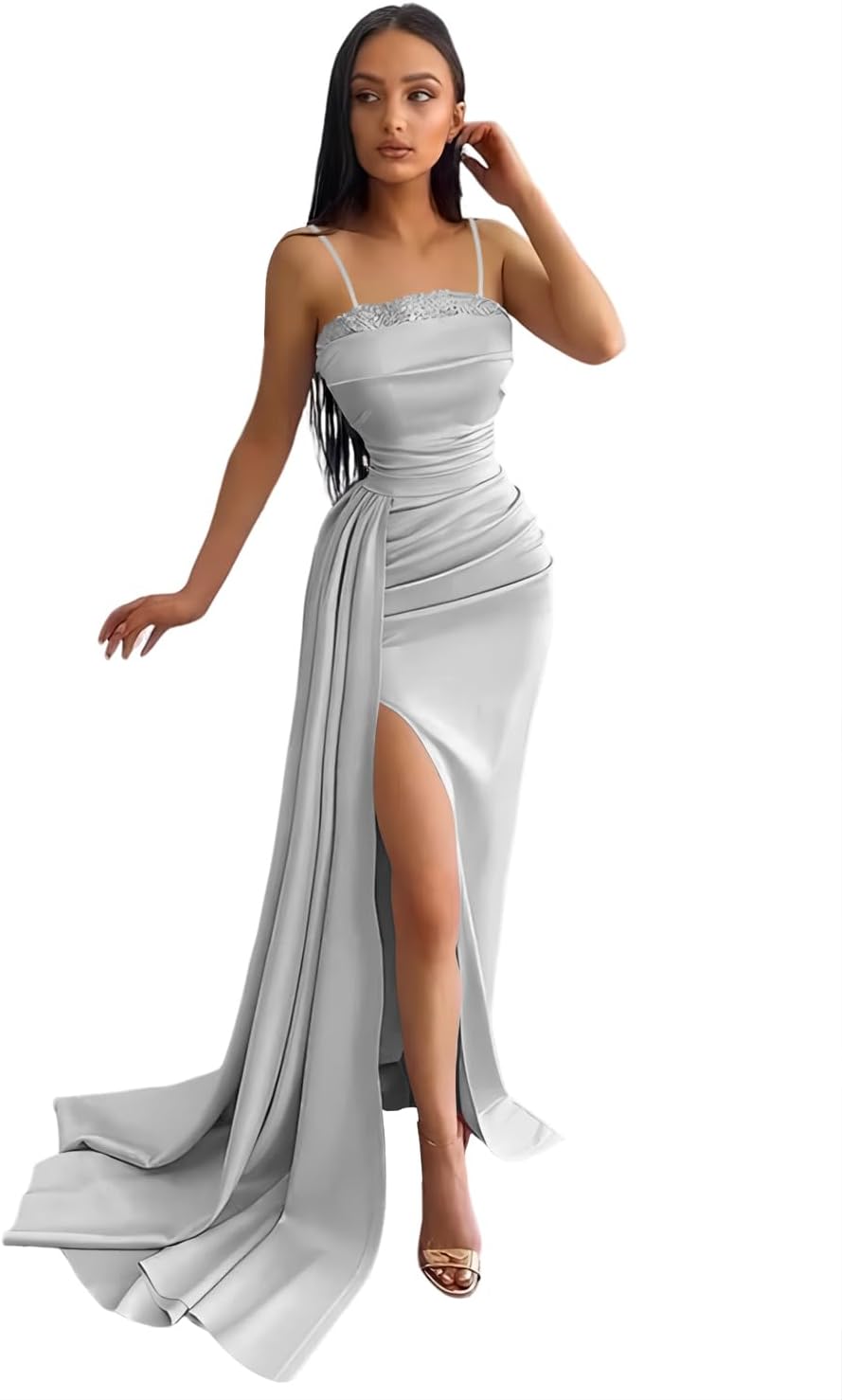 Women's Mermaid Prom Dresses Long with Slit 2025 Sequins Satin Spaghetti Straps Formal Evening Party Gown