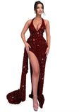 Sparkly Sequin Halter Prom Dresses for Women Mermaid Formal Dress with Slit Backless Ruched Evening Party Gowns