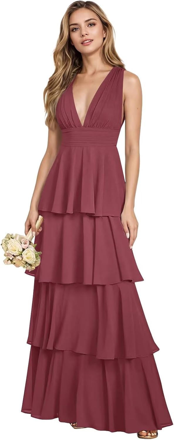 V Neck Chiffon Bridesmaid Dresses for Women 2027 Long Tiered A-Line Ruffles Formal Evening Party Dress