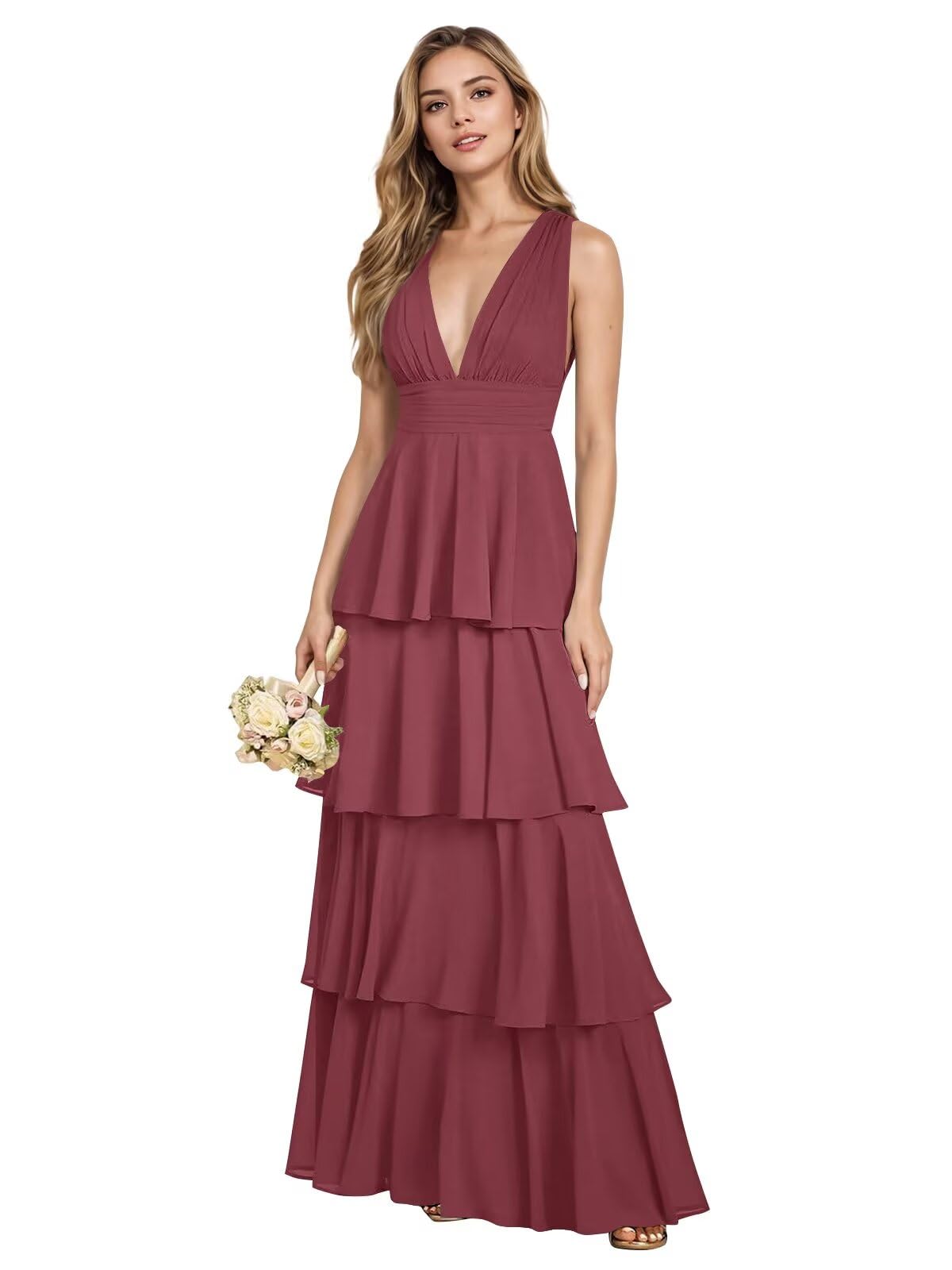 V Neck Chiffon Bridesmaid Dresses for Women 2027 Long Tiered A-Line Ruffles Formal Evening Party Dress