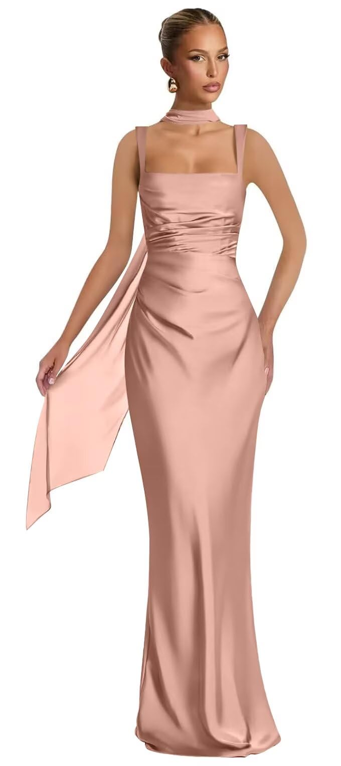Mermaid Bridesmaid Dresses with Scarf 2027 Long Satin Spaghetti Straps Ruched Formal Evening Party Dress for Women