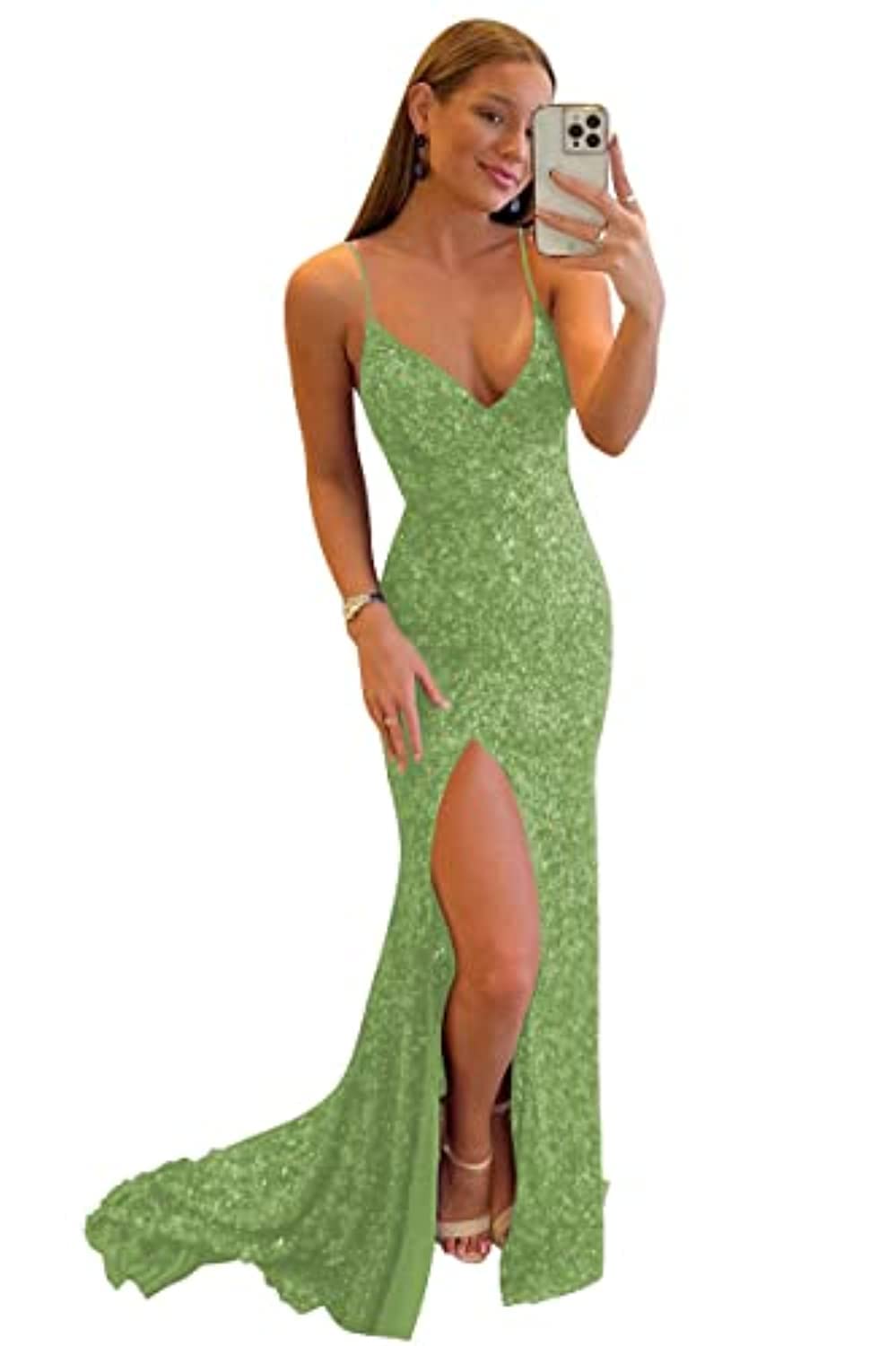 Women's Spaghetti Straps Sequin Prom Dresses Mermaid Sleeveless Double V-Neck Sparkle Evening Dress with Slit