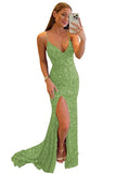 Women's Spaghetti Straps Sequin Prom Dresses Mermaid Sleeveless Double V-Neck Sparkle Evening Dress with Slit