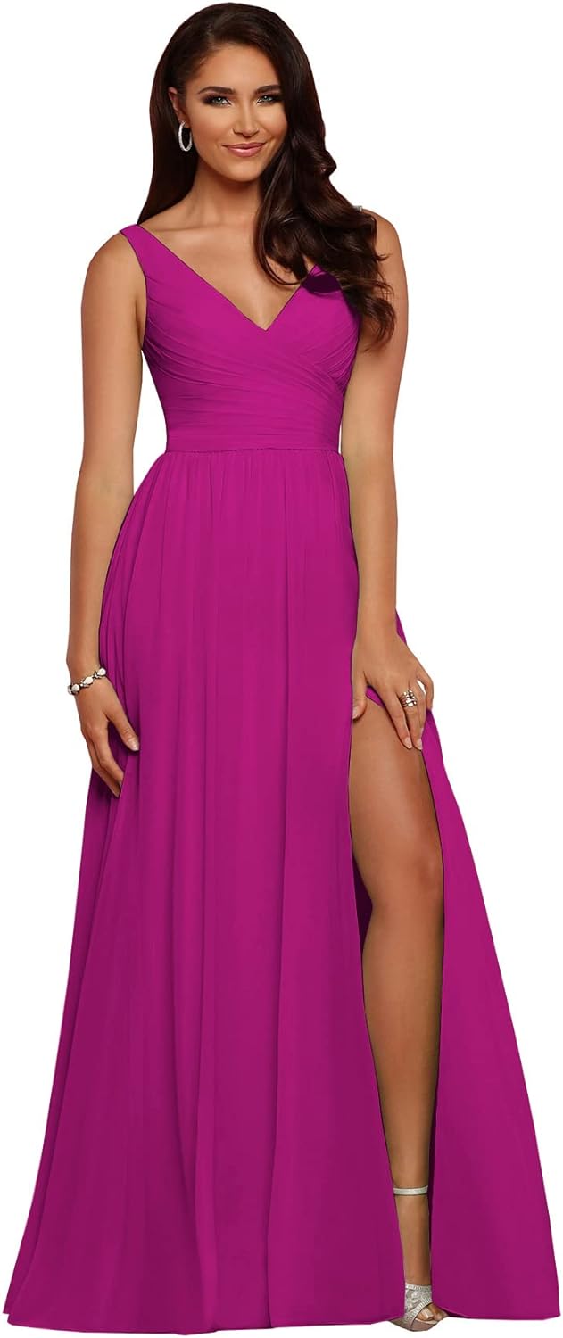 Vestidos de dama de honor largos con escote en V y abertura en gasa, corte A, plisados, para noche, fiesta formal