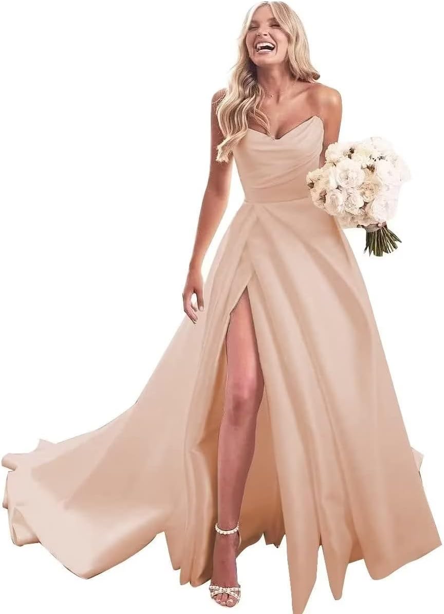 Trägerloses Ballkleid, langes Ballkleid, Satin-Brautkleid für die Braut, A-Linie, formelle Abendkleider mit Schlitz 