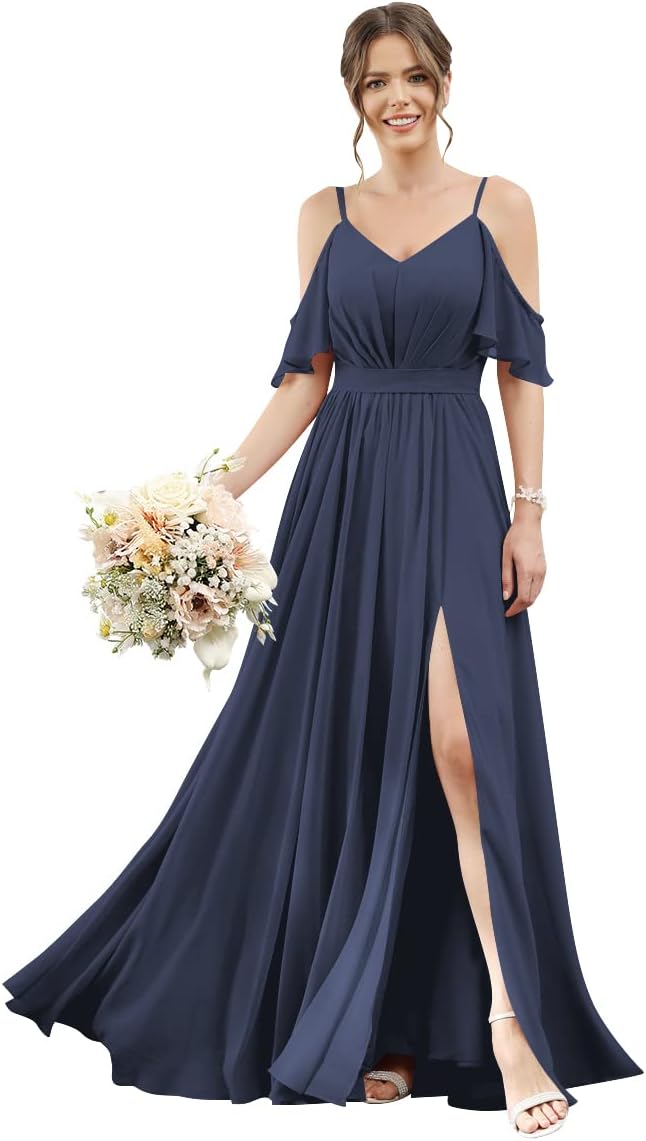 Women's Cold Shoulder Ruffle Sleeves Bridesmaid Dresses for Women 2025 Pleated Chiffon Formal Dresses with Slit