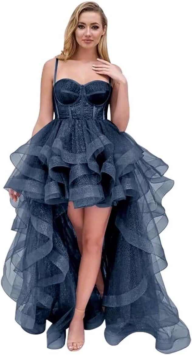 Spaghetti Cocktail Party Dress for Women High-Low Ruffled Summer Dress Long Trailing Prom Ball Gown