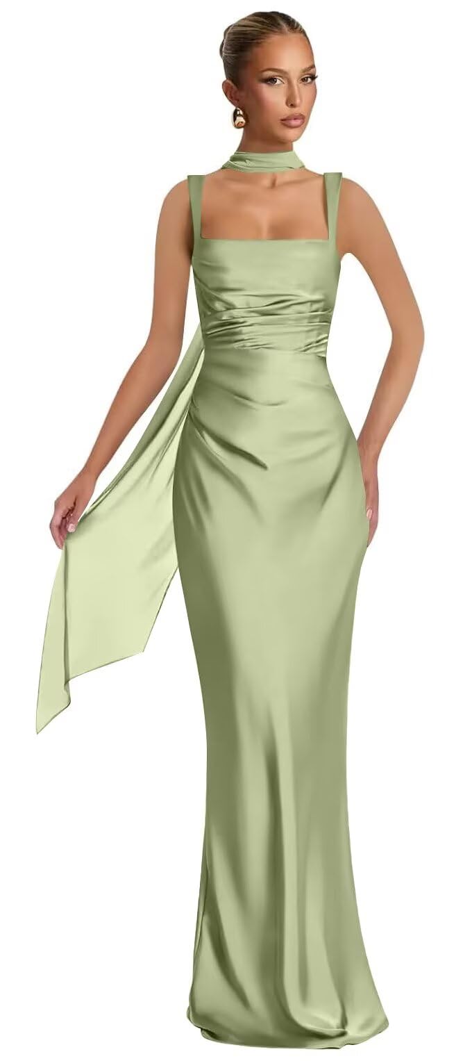 Mermaid Bridesmaid Dresses with Scarf 2027 Long Satin Spaghetti Straps Ruched Formal Evening Party Dress for Women