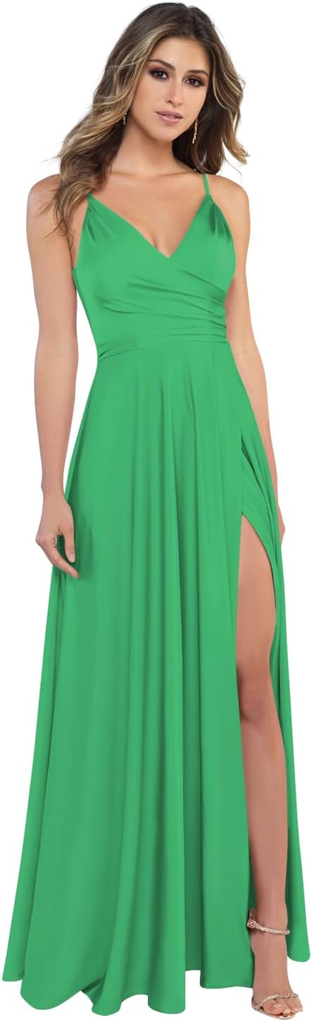 Damen-Brautjungfernkleider aus Satin mit V-Ausschnitt und Schlitz, Spaghettiträgern, formelle Ballkleider mit Taschen 