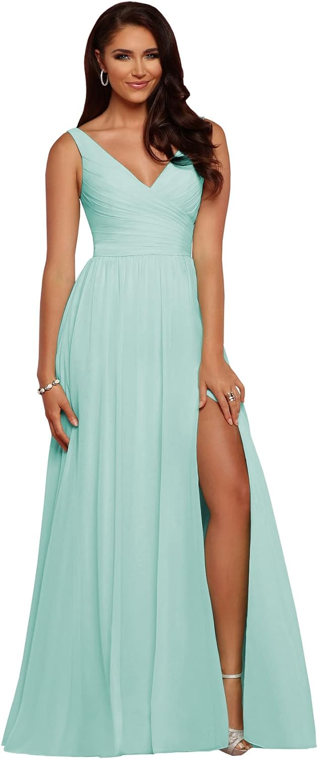 Vestidos de dama de honor largos con escote en V y abertura en gasa, corte A, plisados, para noche, fiesta formal