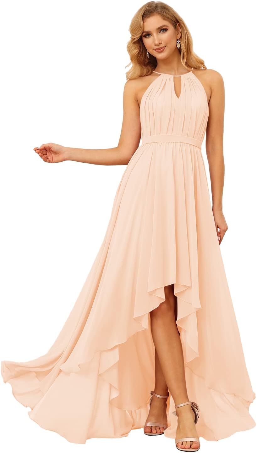 Damen Neckholder Brautjungfernkleider Lang mit Taschen High-Low Falten Formelles Kleid für Hochzeit 