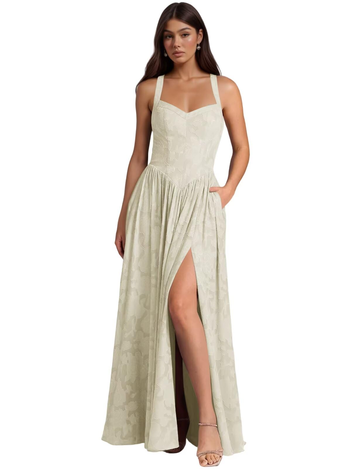 Jacquard Floral Lace Wedding Guest Dress Long Slit A Line Bridesmaid Dresses with Pockets Formal Gown