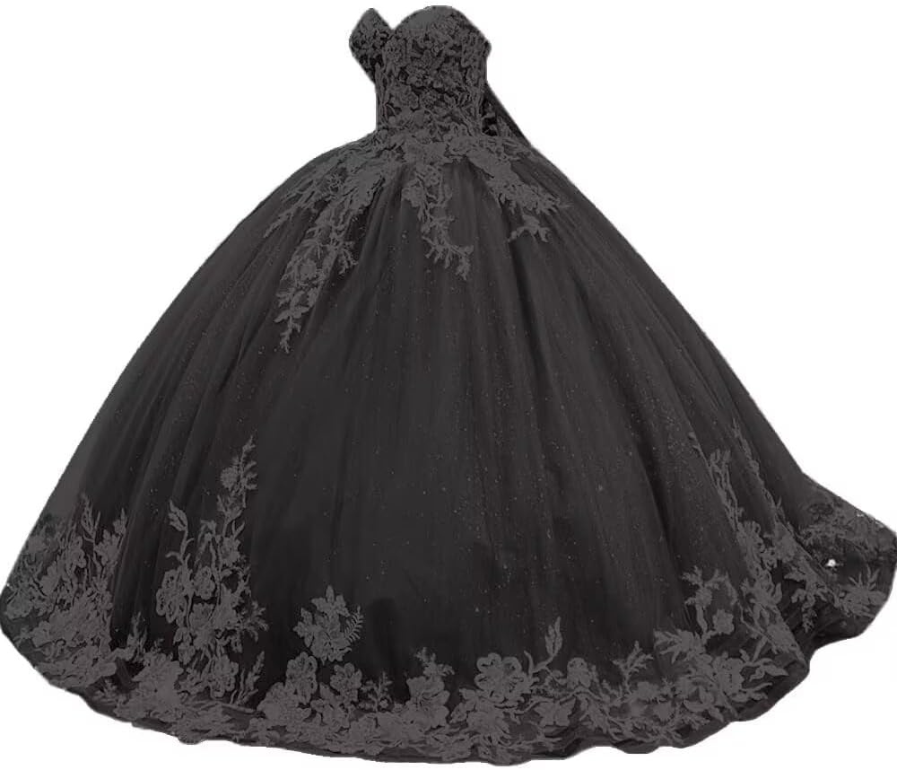 Sparkly Tulle Sweet 15 16 Quinceanera Dress Lace 3D Floral Ball Gown Strapless Puffy Prom Formal Gown