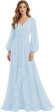 Women's Chiffon Bridesmaid Dresses Long Sleeve Ruffles V-Neck Pleated Formal Wedding Guest Dresses Mother of the bride Dress