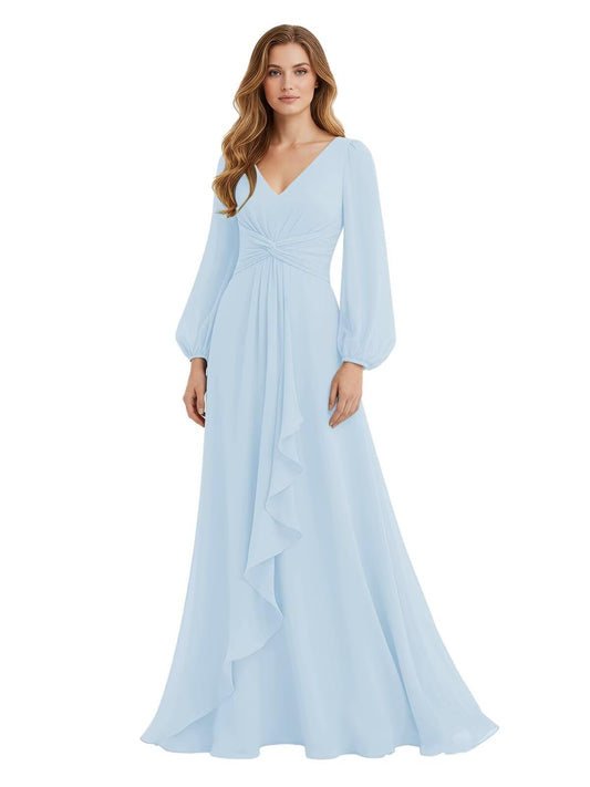 Women's Chiffon Bridesmaid Dresses Long Sleeve Ruffles V-Neck Pleated Formal Wedding Guest Dresses